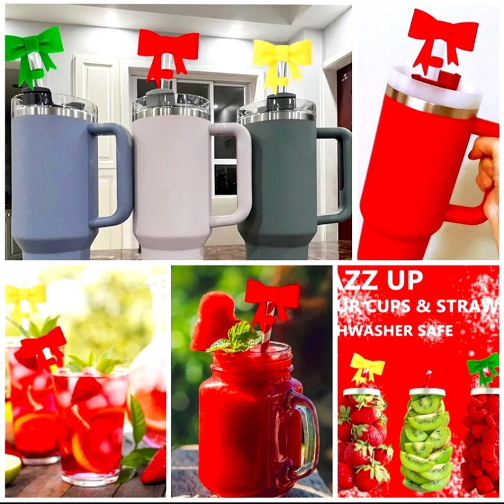🍎 New 3 Bow Stanley Cup Straw Toppers Cap Silicone Stoppers Starbucks +